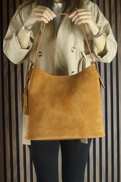 Erkan Saçmacı Taba Hakiki Dana Süet Püsküllü Manyetik Kapaklı Büyük Boy Günlük Omuz Çantası ve El Çantası - 5