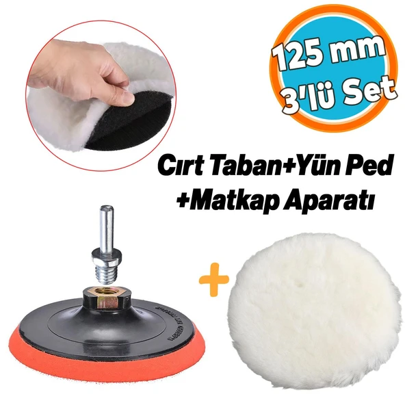 Koyun Postu Pedi Ø 125 mm + Cırt Taban + M14 Pasta Cila Polisaj Kuzu Postu Yünü Keçesi ( 3'lü Set) ürün görseli