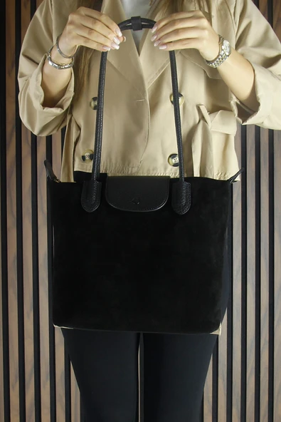 Erkan Saçmacı Siyah Hakiki Dana Süet Fermuarlı Manyetik Kapaklı Büyük Boy Günlük Omuz Çantası - Resim 5