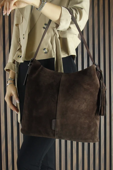 Erkan Saçmacı Kahve Hakiki Dana Süet Püsküllü Manyetik Kapaklı Büyük Boy Günlük Omuz Çantası ve El Çantası - 2