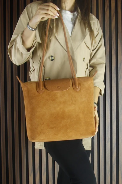 Erkan Saçmacı Taba Hakiki Dana Süet Fermuarlı Manyetik Kapaklı Büyük Boy Günlük Omuz Çantası - Resim 3