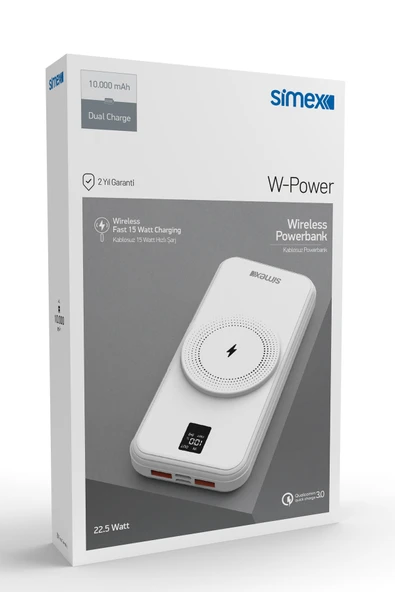 Simex Powerbank 10000mAh Dahili Kablolu 22,5W 15W Magnetic Wireless S-33 W-Power Beyaz - 5