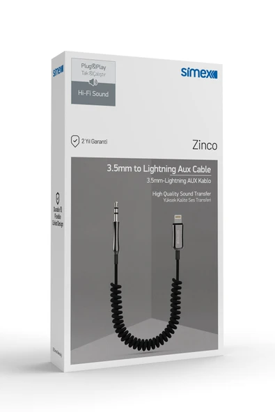 Simex Lightning to Aux Kumaş Spiralli AUX Bağlantı Kablosu SA-01 Zinco - 4