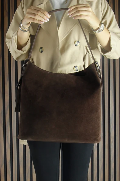 Erkan Saçmacı Kahve Hakiki Dana Süet Püsküllü Manyetik Kapaklı Büyük Boy Günlük Omuz Çantası ve El Çantası - 5