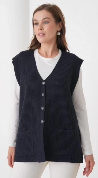 Kadın Anne Büyük Beden Fitilli Yün Triko Yelek - 8