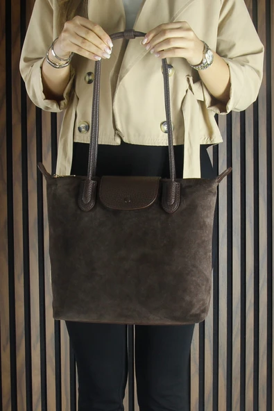 Erkan Saçmacı Kahve Hakiki Dana Süet Fermuarlı Manyetik Kapaklı Büyük Boy Günlük Omuz Çantası - 5