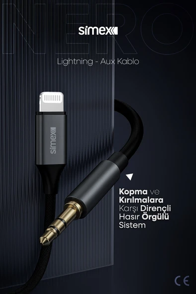 Simex Iphone Lightning To 3.5mm Kumaş Aux Ses Kablosu Stereo Destekli 1.1m Nero - 4