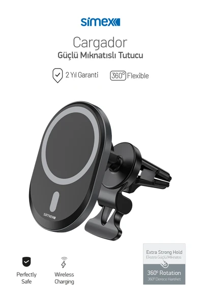 Simex Peteğe Takmalı Wireless Magsafe Hızlı Şarj 15 Watt Araç İçi Telefon Tutucu ve Temassız Şarj Aleti Cargador - 4