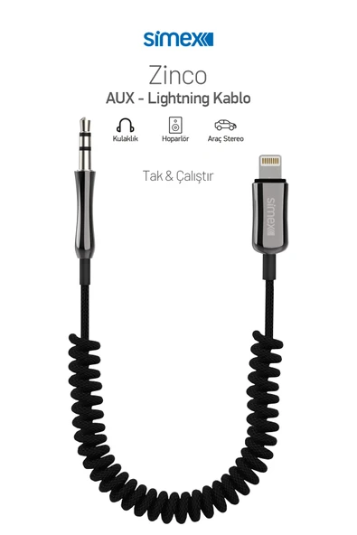 Simex Lightning to Aux Kumaş Spiralli AUX Bağlantı Kablosu SA-01 Zinco - 3