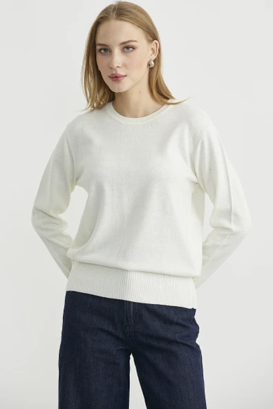 Bisiklet Yaka Yünlü Basic Triko Kazak - Kemik ürün görseli