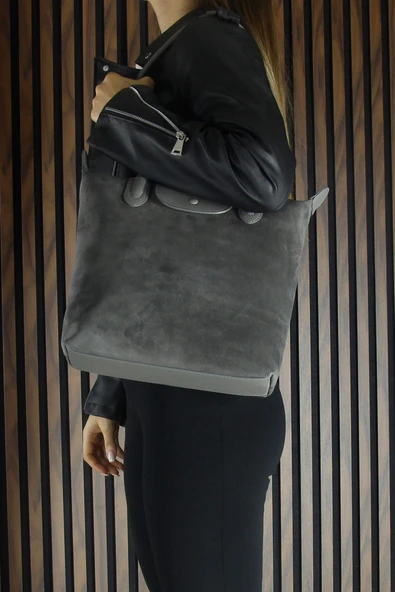 Erkan Saçmacı Gri Hakiki Dana Süet Fermuarlı Manyetik Kapaklı Büyük Boy Günlük Omuz Çantası - 6