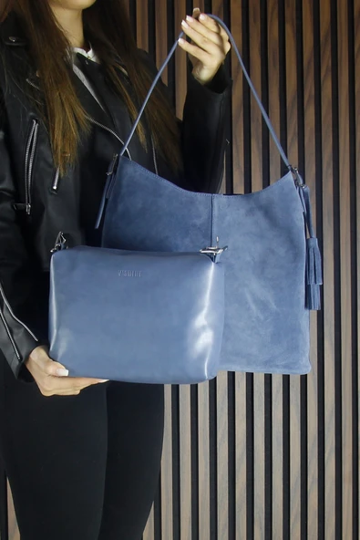 Erkan Saçmacı Mavi Hakiki Dana Süet Püsküllü Manyetik Kapaklı Büyük Boy Günlük Omuz Çantası ve El Çantası