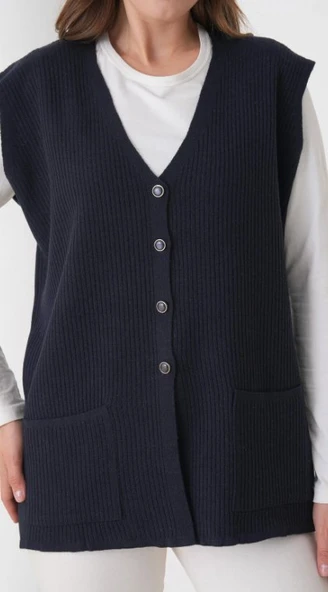 Kadın Anne Büyük Beden Fitilli Yün Triko Yelek - 6