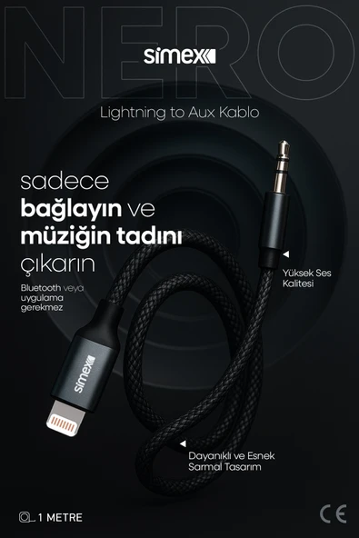 Simex Iphone Lightning To 3.5mm Kumaş Aux Ses Kablosu Stereo Destekli 1.1m Nero - 2