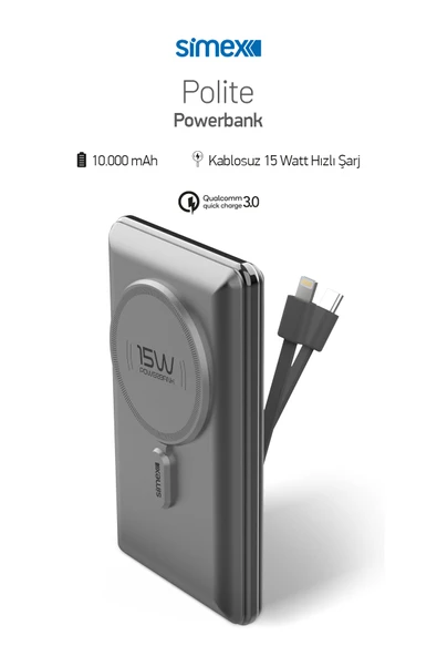 Hızlı Şarj Temassız MagSafe PowerBank 22,5W 10000mAh Dahili Kablolu Simex S-38 Polite ürün görseli