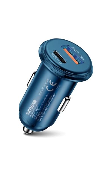 Simex Blue Line SM-30 60W Süper Hızlı Araç Şarj Cihazı PD 3.0 QC 4.0 Çift Port Mavi - 2