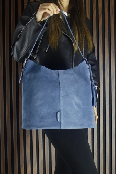 Erkan Saçmacı Mavi Hakiki Dana Süet Püsküllü Manyetik Kapaklı Büyük Boy Günlük Omuz Çantası ve El Çantası - 6