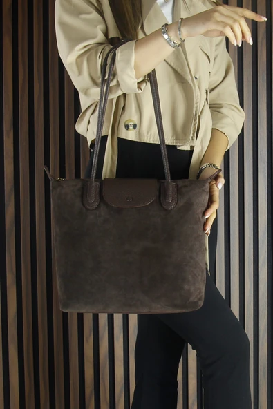 Erkan Saçmacı Kahve Hakiki Dana Süet Fermuarlı Manyetik Kapaklı Büyük Boy Günlük Omuz Çantası - 6