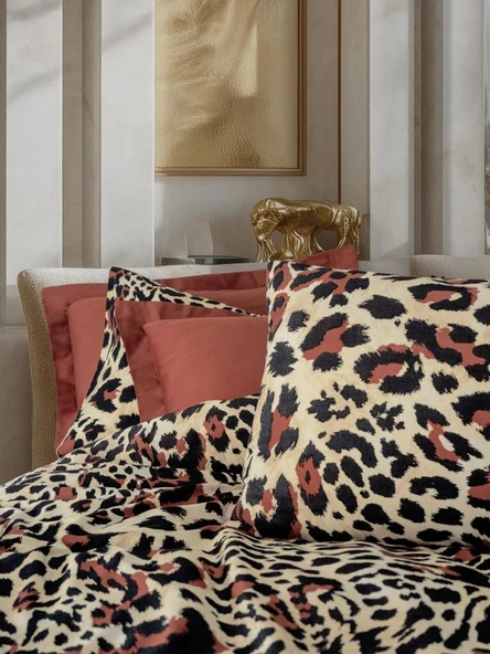 COTTON BOX ÇİFT KİŞİLİK SATEN NEVRESİM TAKIMI LEOPARLI LEOLUXE KİREMİT - Resim 2