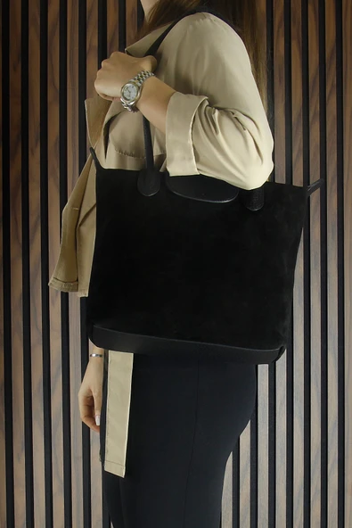 Erkan Saçmacı Siyah Hakiki Dana Süet Fermuarlı Manyetik Kapaklı Büyük Boy Günlük Omuz Çantası - Resim 2