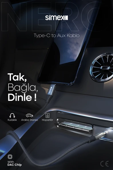 Simex Type C DAC 3.5mm Kumaş Aux Ses Kablosu Stereo Destekli 1.1m Nero - 2