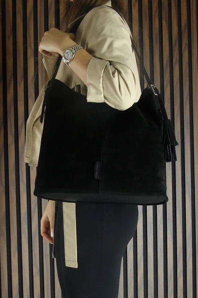 Erkan Saçmacı Siyah Hakiki Dana Süet Püsküllü Manyetik Kapaklı Büyük Boy Günlük Omuz Çantası ve El Çantası - Resim 3