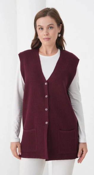 Kadın Anne Büyük Beden Fitilli Yün Triko Yelek - 11