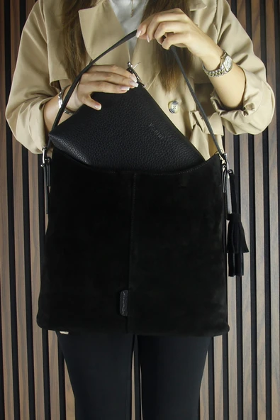 Erkan Saçmacı Siyah Hakiki Dana Süet Püsküllü Manyetik Kapaklı Büyük Boy Günlük Omuz Çantası ve El Çantası - Resim 4