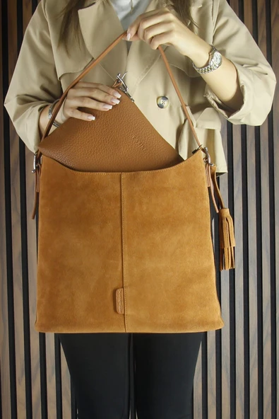 Erkan Saçmacı Taba Hakiki Dana Süet Püsküllü Manyetik Kapaklı Büyük Boy Günlük Omuz Çantası ve El Çantası - 4