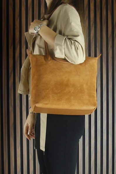 Erkan Saçmacı Taba Hakiki Dana Süet Fermuarlı Manyetik Kapaklı Büyük Boy Günlük Omuz Çantası - Resim 2