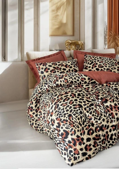 COTTON BOX ÇİFT KİŞİLİK SATEN NEVRESİM TAKIMI LEOPARLI LEOLUXE KİREMİT ürün görseli 1