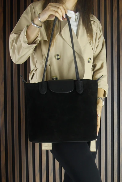 Erkan Saçmacı Siyah Hakiki Dana Süet Fermuarlı Manyetik Kapaklı Büyük Boy Günlük Omuz Çantası - Resim 3