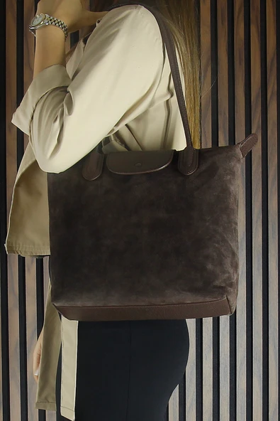 Erkan Saçmacı Kahve Hakiki Dana Süet Fermuarlı Manyetik Kapaklı Büyük Boy Günlük Omuz Çantası - 2