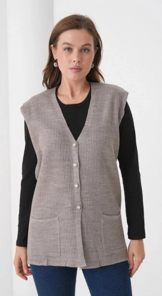 Kadın Anne Büyük Beden Fitilli Yün Triko Yelek - 2