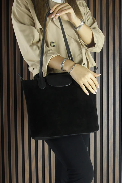 Erkan Saçmacı Siyah Hakiki Dana Süet Fermuarlı Manyetik Kapaklı Büyük Boy Günlük Omuz Çantası - Resim 6