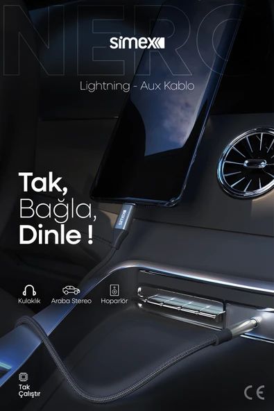 Simex Iphone Lightning To 3.5mm Kumaş Aux Ses Kablosu Stereo Destekli 1.1m Nero - 3