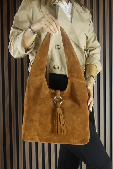 Erkan Saçmacı Taba Hakiki Dana Süet Püsküllü Manyetik Kapaklı Orta Boy Günlük Omuz Çantası - 5