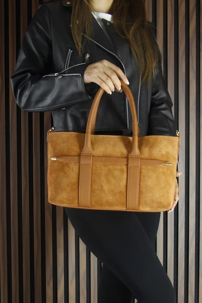 Erkan Saçmacı Taba Hakiki Dana Süet Fermuarlı Üç Bölmeli İç Cepli Askılı Orta Boy Günlük Omuz Çantası - Resim 4