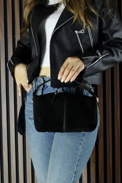 Erkan Saçmacı Siyah Hakiki Dana Süet Fermuarlı Askılı İç Cepli Orta Boy Günlük Omuz Çantası - Resim 6