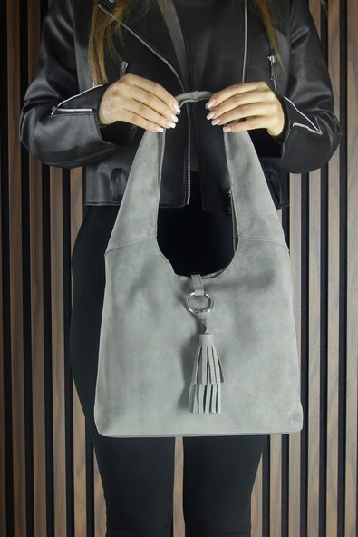 Erkan Saçmacı Gri Hakiki Dana Süet Püsküllü Manyetik Kapaklı Orta Boy Günlük Omuz Çantası - 6