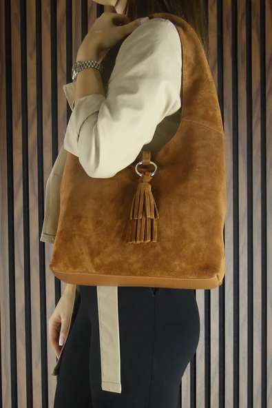 Erkan Saçmacı Taba Hakiki Dana Süet Püsküllü Manyetik Kapaklı Orta Boy Günlük Omuz Çantası - 3