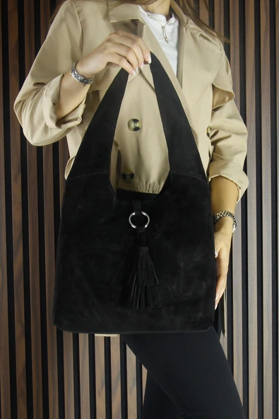 Erkan Saçmacı Siyah Hakiki Dana Süet Püsküllü Manyetik Kapaklı Orta Boy Günlük Omuz Çantası - 5