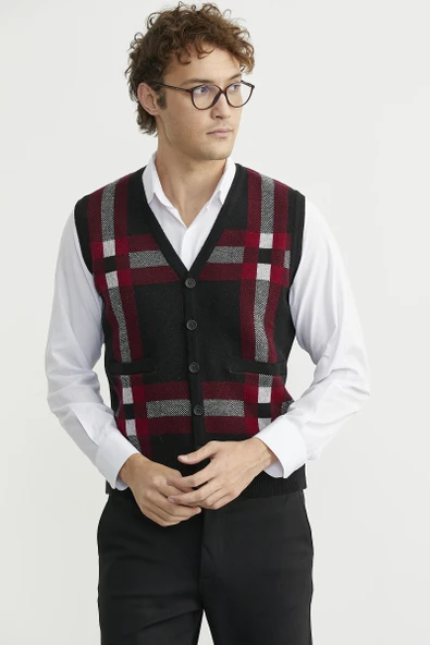 Düğmeli Yünlü Kalın Triko Yelek - Siyah - Resim 3