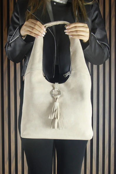 Erkan Saçmacı Bej Hakiki Dana Süet Püsküllü Manyetik Kapaklı Orta Boy Günlük Omuz Çantası - 6