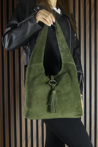 Erkan Saçmacı Haki Hakiki Dana Süet Püsküllü Manyetik Kapaklı Orta Boy Günlük Omuz Çantası - Resim 5