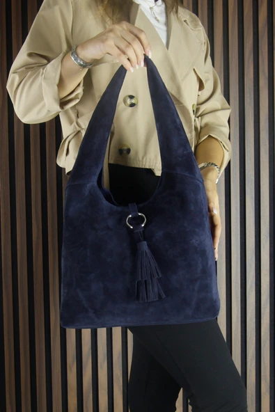 Erkan Saçmacı Lacivert Hakiki Dana Süet Püsküllü Manyetik Kapaklı Orta Boy Günlük Omuz Çantası - 5