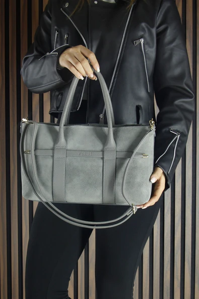 Erkan Saçmacı Gri Hakiki Dana Süet Fermuarlı Üç Bölmeli İç Cepli Askılı Orta Boy Günlük Omuz Çantası - Resim 6