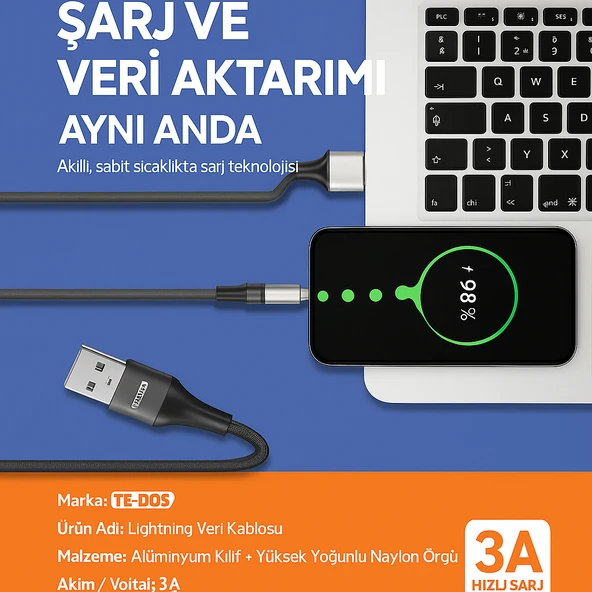 Lightning Hızlı Şarj ve Veri Aktarım Kablosu 3A Güçlü Akım Naylon Örgü Dayanıklı Tasarım iPhone Uyumlu 1 Metre - 5