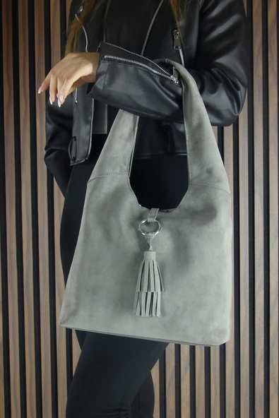 Erkan Saçmacı Gri Hakiki Dana Süet Püsküllü Manyetik Kapaklı Orta Boy Günlük Omuz Çantası - 4