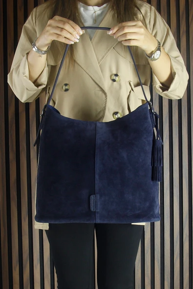 Erkan Saçmacı Lacivert Hakiki Dana Süet Püsküllü Manyetik Kapaklı Büyük Boy Günlük Omuz Çantası ve El Çantası - 6